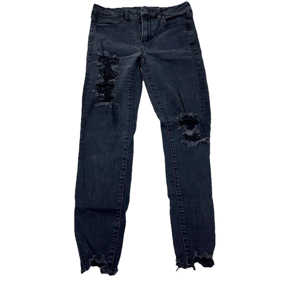 American Eagle Jeans Women 8 Black High Rise Jegging Ripped Holes‎ Raw Hem Pants